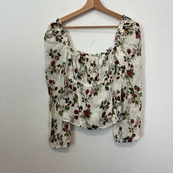 Reformation Bacio Floral Long Sleeve Square Neck Smocked Top Women's Size 6 - Picture 2 of 6